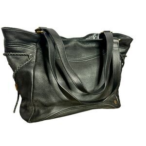 Oryany black supple leather braided drawstring tassel sides slouchy hobo bag